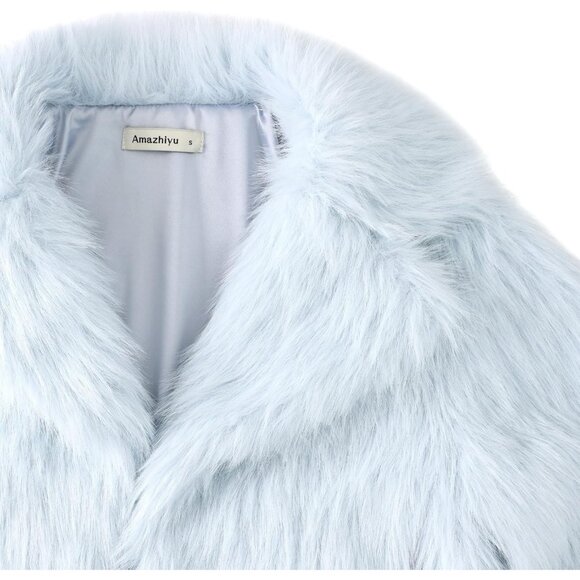 Women's Faux Fur Crop Lapel Jackets Open Front Long Sleeves Pockets Light Blue - Picture 4 of 5